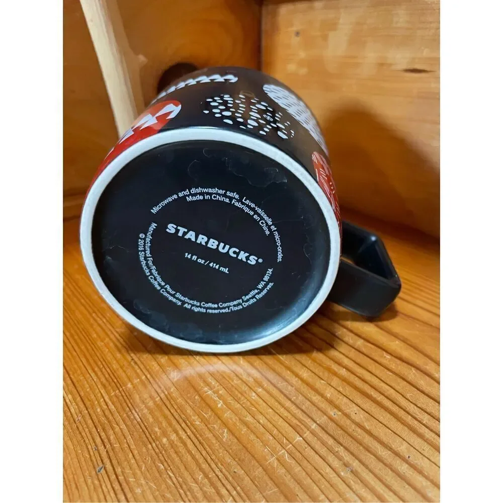 Starbucks 2016 Black Holiday Christmas Ornament Coffee Mug 14oz Preowned